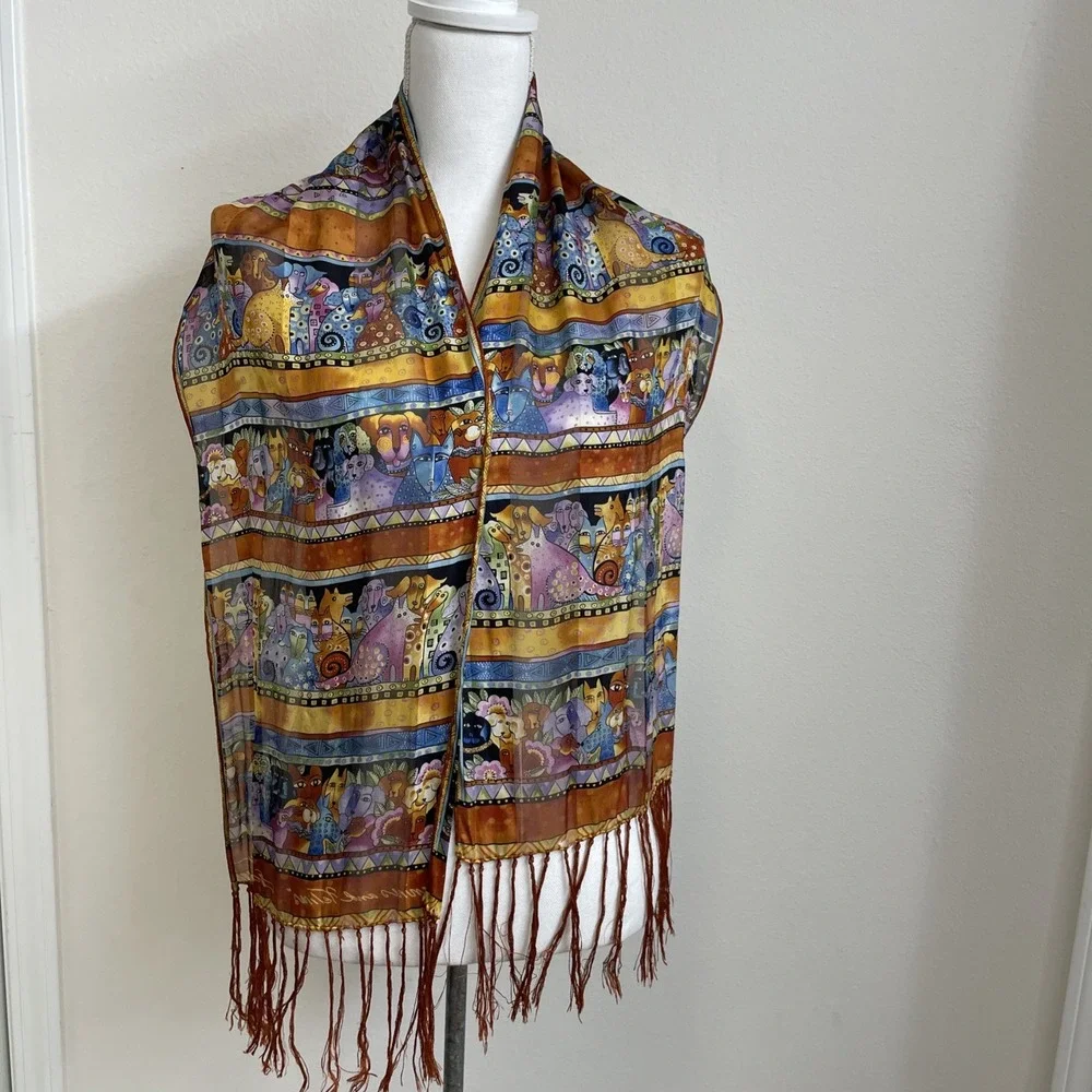 Canines and Felines Laurel Buch silk scraf Fringed Cat Dog lightweight Orange